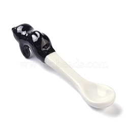 Porcelain Cat Animal Hanging Spoons, Black, 109~111x22~23x28~29mm(AJEW-A029-01E)