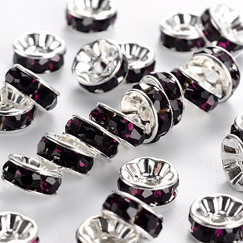 Brass Rhinestone Spacer Beads, Grade A, Straight Flange, Silver Color Plated, Rondelle, Amethyst, 8x3.8mm, Hole: 1.5mm