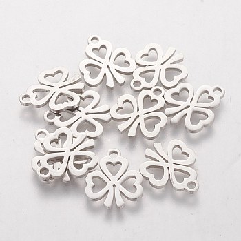 201 Stainless Steel Charms, Laser Cut, Clover, Stainless Steel Color, 13.5x11.5x1.2mm, Hole: 1.5mm