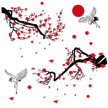 PVC Wall Stickers, Wall Decoration, Plum Blossom & Crane, Chinese Painting Style, Plant & Animal Pattern, 750x390mm, 2 sheets/set