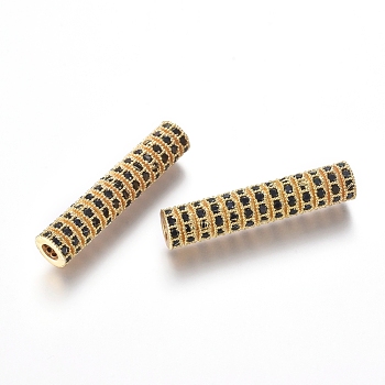 Brass Micro Pave Cubic Zirconia Beads, Tube Beads, Black, Real 18K Gold Plated, 29.5x6mm, Hole: 2.5mm