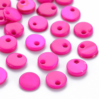 Spray Painted Freshwater Shell Charms, Flat Round, Fuchsia, 7x1~2mm, Hole: 1.2~1.6mm