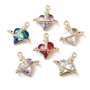 Brass with K9 Glass & Rhinestone Pendants, Light Gold, Heart Charms, Mixed Color, 22x19.5x8.5mm, Hole: 2.2mm