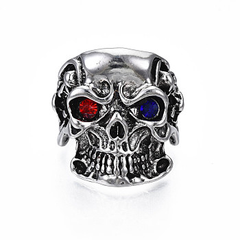 Gothic Punk Skull Alloy Open Cuff Ring with Rhinestone for Men Women, Cadmium Free & Lead Free, Antique Silver, Colorful, US Size 9 3/4(19.5mm)