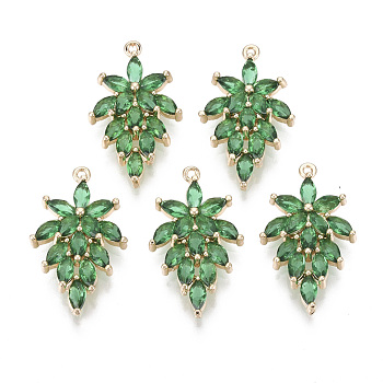 Glass Pendants, with Brass Findings, Faceted, Leaf, Light Gold, Green, 24.5x15x4mm, Hole: 1mm