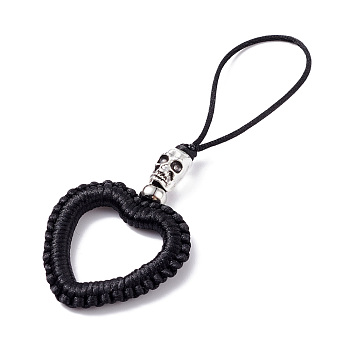 Heart Braided Nylon Cord Mobile Accessories, Phone Hanging Pendant Decor, with Alloy Skull Beads, European Brass Beads & Iron Findings, Black, 11cm
