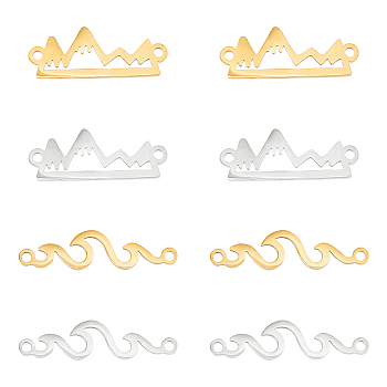 16Pcs 4 Styles 201 Stainless Steel Connector Charms, Hollow Links, Mountain & Wave Shape, Golden & Stainless Steel Color, 6~21.5x8~24x1mm, Hole: 1.4mm, 4pcs/style