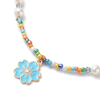 Alloy Enamel Sakura Pendant Necklace, Natural Pearl & Glass Beaded Necklace for Women, Colorful, 17.80 inch(45.2cm)
