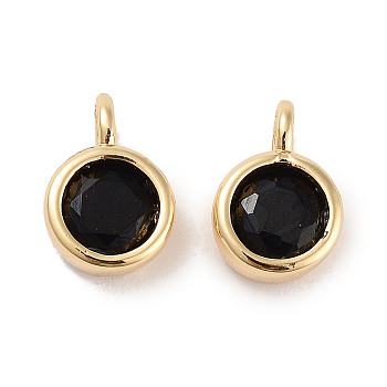 Brass Micro Pave Cubic Zirconia Charms, Flat Round, Real 18K Gold Plated, Black, 9x6x3.5mm, Hole: 2mm