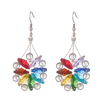 Natural Quartz Crystal & Glass Beaded Flower Dangle Earrings, 316 Surgical Stainless Steel Wire Wrap Jewelry for Women, Colorful, 72mm, Pin: 0.8mm