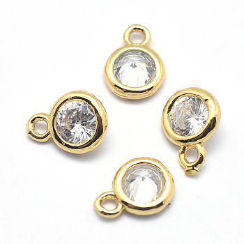 Brass Cubic Zirconia Charms, Flat Round, Cadmium Free & Nickel Free & Lead Free, Real 18K Gold Plated, 7x5x2.5mm, Hole: 1mm