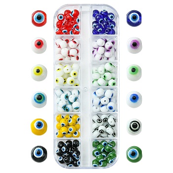 156Pcs 12 Colors Baking Painted Glass Beads, Round with Evil Eye, Mixed Color, 6x5mm, Hole: 1.2mm, 13pcs/color