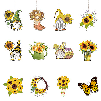 Sunflower Theme Wooden Pendant Decorations, Jute Cord Hanging Ornaments, Mixed Shapes, Mixed Color, 60~100x60~100mm, Hole: 3mm, 12style, 3pcs/style, 36pcs/set