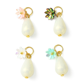 Acrylic Flower & ABS Plastic Imitation Pearl Pendant, with 304 Stainless Steel Jump Rings, Teardrop Charms, Mixed Color, 20x10x9.5~10mm, Hole: 5.5mm