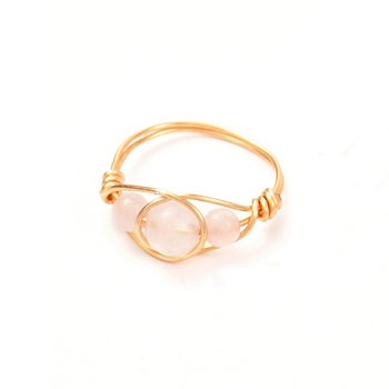 Copper Wire Wrapped Natural Rose Quartz Braided Bead Rings for Women, Real 18K Gold Plated, US Size 7 3/4, Inner Diameter: 18mm