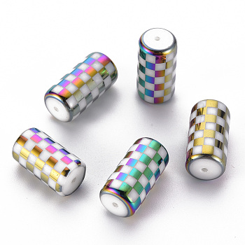 Electroplate Glass Beads, Column with Grid Pattern, Colorful, 20x10mm, Hole: 1.2mm, 50pcs/bag