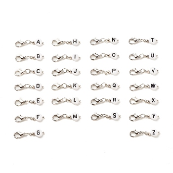 Acrylic Pendants Decoration, with Zinc Alloy Lobster Claw Clasps and Iron Findings, Flat Round with Alphabet, White, 28mm, 26pcs/set