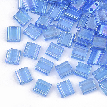 2-Hole Transparent Glass Seed Beads, AB Colours, Rectangle, Cornflower Blue, 5x4.5~5.5x2~2.5mm, Hole: 0.5~0.8mm