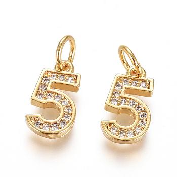 Brass Micro Pave Clear Cubic Zirconia Charms, with Jump Ring, Number, Golden, Num.5, 11.5x6.5x2mm, Hole: 3mm