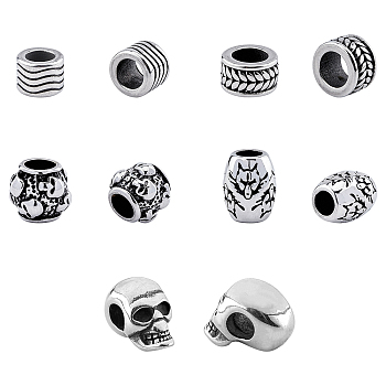 Stainless Steel European Beads, Large Hole Beads, Mixed Shapes, Antique Silver, 10pcs/box