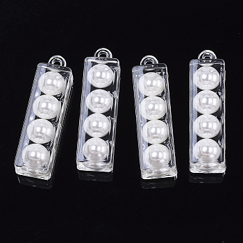 Transparent Acrylic Pendants, with ABS Plastic Imitation Pearl, Rectangle, White, 39.5x11x9.5mm, Hole: 2mm