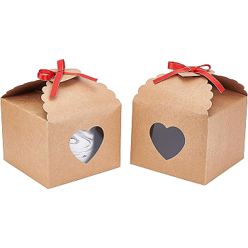 BENECREAT Kraft Paper Gift Box, with Heart Window and Ribbon, Wedding Decoration, Folding Boxes, Square, BurlyWood, 12.7x12.7x10cm