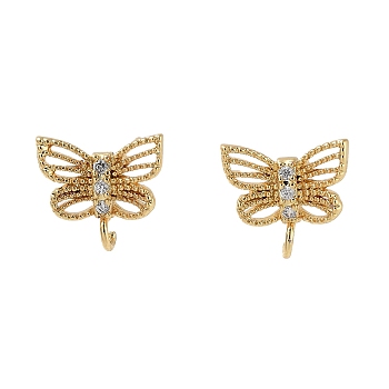Brass Micro Pave Cubic Zirconia Stud Earrings Finding, Long-Lasting Plated, Lead Free & Cadmium Free, Butterfly, Real 18K Gold Plated, 10.5x11mm, Hole: 1.8mm, Pin: 11x0.7mm