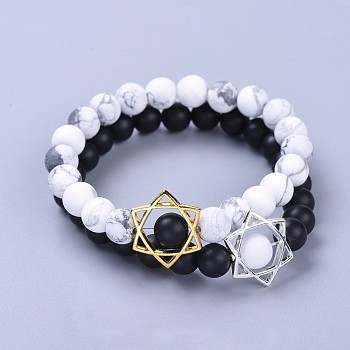 Natural Black Agate Bead and Natural Howlite Bead Stretch Bracelet Sets, with Alloy Findings, Frosted, 2-1/8 inch(5.5cm), 2pcs/set