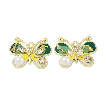 Rack Plating Alloy Enamel Pendants, with Resin, ABS Imitation Pearl Beads, Rhinestone and Glass Beads, Cadmium Free & Nickel Free & Lead Free, Butterfly, Green, 29x37.5x8mm, Hole: 2.5mm