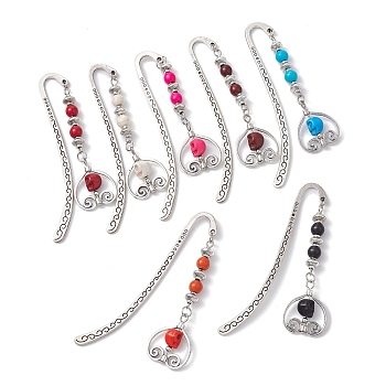 Tibetan Style Hook Bookmarks, Dyed Synthetic Turquoise Beaded Pendant Bookmark with Alloy Heart, Mixed Color, 73mm, 7pcs/set