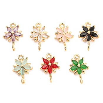 Brass Pave Glass Connector Charms, Golden, Flower Links, Mixed Color, 17.5x11.5x3.5mm, Hole: 1.6mm