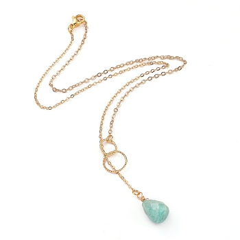 teardrop, Natural Amazonite Pendants Necklaces, with Brass Linking Rings & Cable Chains, 304 Stainless Steel Lobster Claw Clasps, 17.52~17.72 inch(44.5~45cm), 2mm
