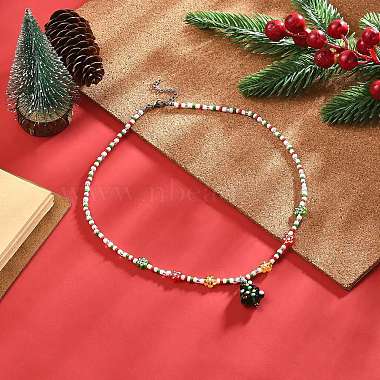 collier pendentif lampwork arbre de noël avec des chaînes de fleurs de graines de verre pour les femmes(NJEW-TA00070)-2
