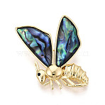 Paua Shell Pins, Brass Pave Cubic Zirconia Lapel Pin Brooch, Bees, Golden, Sea Green, 34x34mm, Hole: 4.5x2.8mm(JEWB-T005-10G)