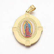 304 Stainless Steel Lady of Guadalupe Pendants, Oval with Virgin Mary, Colorful, Golden, 44x33x2.5mm, Hole: 4.5x8mm(STAS-F185-31G)