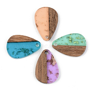 Transparent Resin & Walnut Wood Pendants, with Gold Gold Foil, Teardrop, Mixed Color, 21.5x14.5x3mm, Hole: 2mm(RESI-S389-027A-B)