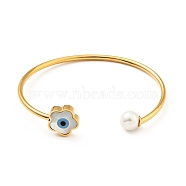 Shell Pearl & Flower with Evil Eye Open Cuff Bangle, 304 Stainless Steel Jewelry for Woman, Golden, Inner Diameter: 1-3/4x2-1/4 inch(4.5x5.85cm)(BJEW-G647-02G)