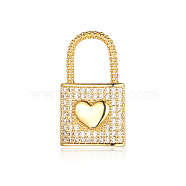 Brass Micro Pave Clear Cubic Zirconia Pendants, Lock Charms, Real 18K Gold Plated, 24x14x2.4mm(ZIRC-OY001-19G)