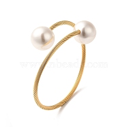 Plastic Imitation Pearl Round Beaded Cuff Bangle, Ion Plating(IP) 304 Stainless Steel Torque Bangles, Golden, Inner Diameter: 2-1/4 inch(5.7cm)(BJEW-P310-07G)