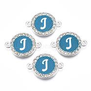 Alloy Enamel Links Connectors, with Crystal Rhinestones, Flat Round with Letter, Silver Color Plated, Deep Sky Blue, Letter.J, 22x16x2mm, Hole: 1.8mm(ENAM-TAC0003-01S-06J)