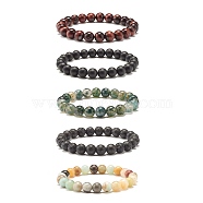 8MM Natural Mixed Stone Round Beads Strerch Bracelets Set for Men Women, Inner Diameter: 2-1/8 inch(5.3cm), Beads: 8mm, 5Pcs/set(BJEW-JB07409)