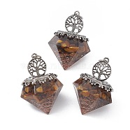 Natural Tiger Eye Pendants, Faceted Diamond Charms, with Rack Plating Antique Silver Tone Alloy Tree of Life, Cadmium Free & Lead Free, 41.5x29.5x29.5mm, Hole: 4mm(G-P491-01AS-08)