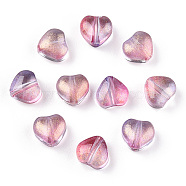 Transparent Spray Painted Glass Beads, with Glitter Powder, Heart, Medium Orchid, 6x6x4mm, Hole: 0.7mm(GLAA-R211-02-B04)