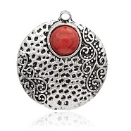 Antique Silver Plated Alloy Dyed Synthetic Turquoise Pendants, Flat Round, Red, 36x32.5x8mm, Hole: 2mm(PALLOY-J679-02AS)