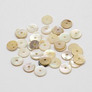 Natural Shell Bead Spacers, Disc/Flat Round, Heishi Beads, Seashell Color, 7~8x1~3mm, Hole: 1mm, about 144pcs/bag(SHEL-P004-01)