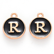 Golden Plated Alloy Charms, Cadmium Free & Lead Free, with Enamel, Enamelled Sequins, Flat Round with Letter, Black, Letter.R, 14x12x2mm, Hole: 1.5mm(X-ENAM-S118-02R)