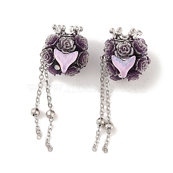 Handmade Polymer Clay Rhinestone Beads, with Glitter, Resin & Acrylic & Glass Cabochon & Alloy Chain, Rose with Crown & Fishtail, Purple, 60~69mm(CLAY-H003-02P-02)