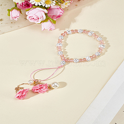1Pc Plastic & Handmade Polymer Clay Glass Rhinestone Beads Moblie Straps, with Iron Findings & Artifical Flower, Pearl Pink, 17~17.2cm(AJEW-LP0005-02)