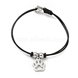 304 Stainless Steel Paw Print Charm Bracelet with Waxed Cord for Women, Stainless Steel Color, 7 inch(17.8cm)(BJEW-A125-18)