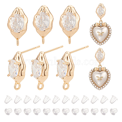 BENECREAT 8Pcs Brass Stud Earring Findings, with Clear Cubic Zirconia and 925 Sterling Silver Pins & Vertical Loops, Cadmium Free & Nickel Free & Lead Free, Twist Oval, with 30Pcs Plastic Ear Nuts, Real 18K Gold Plated, 17x8.5mm, Hole: 1.8mm, Pin: 0.7mm(KK-BC0010-35)